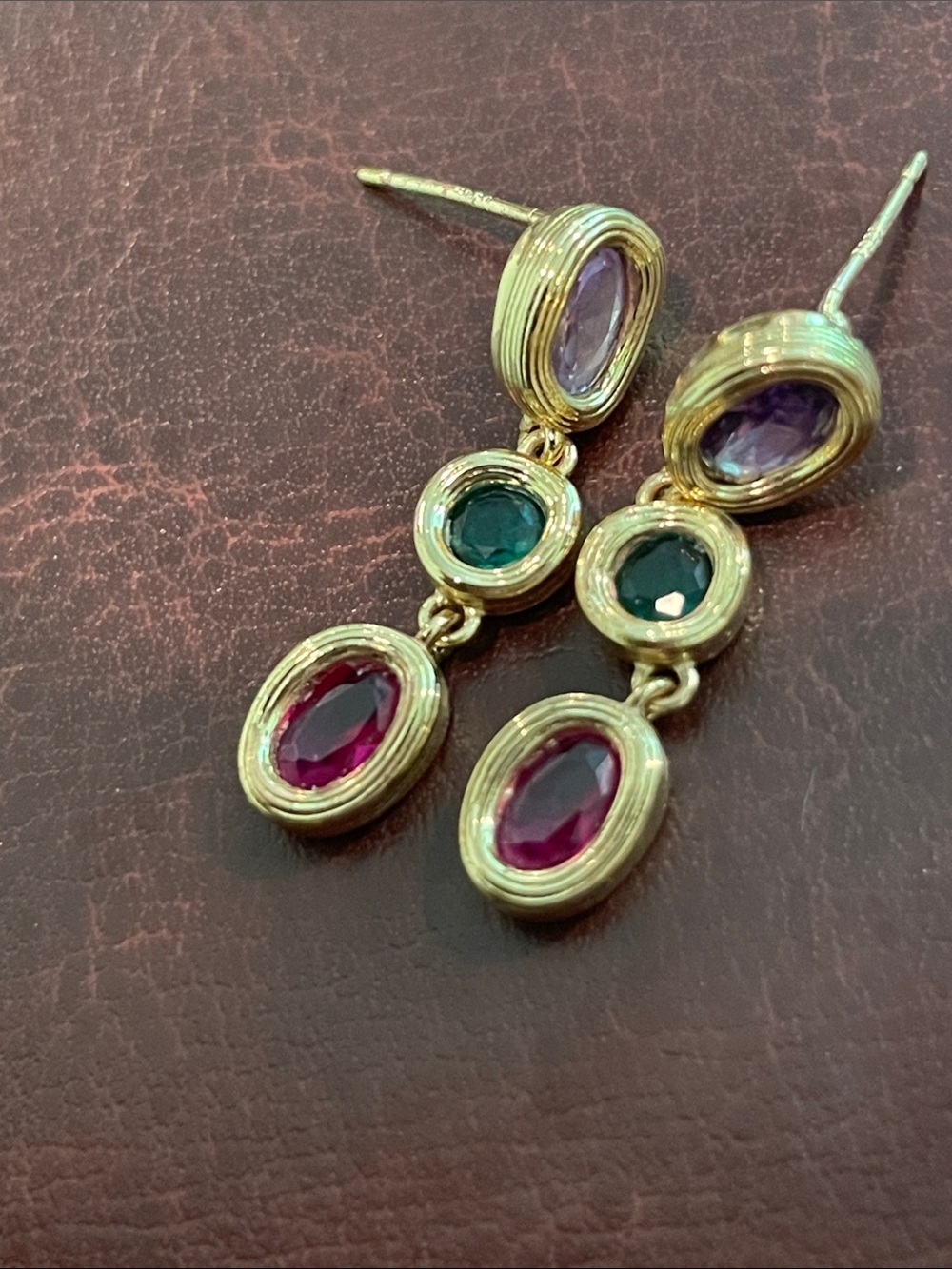 Sterling 925 Gold vermeil Drop Earrings with amethyst ; emerald and Ruby Stones - Picture 2 of 8